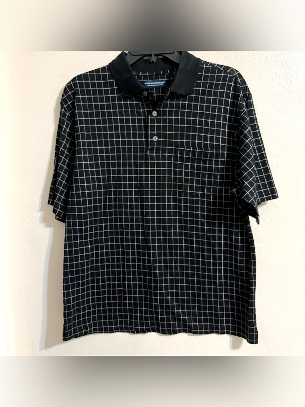 John Ashford Black Golf Polo with Beige and White Grid Front Pocket Men’s Medium